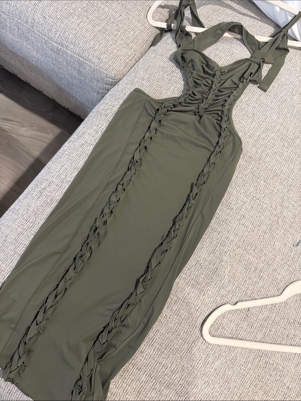 Fashion Nova Olive Green Ruched Maxi Dress with Tie-Straps - Picture 4 of 4